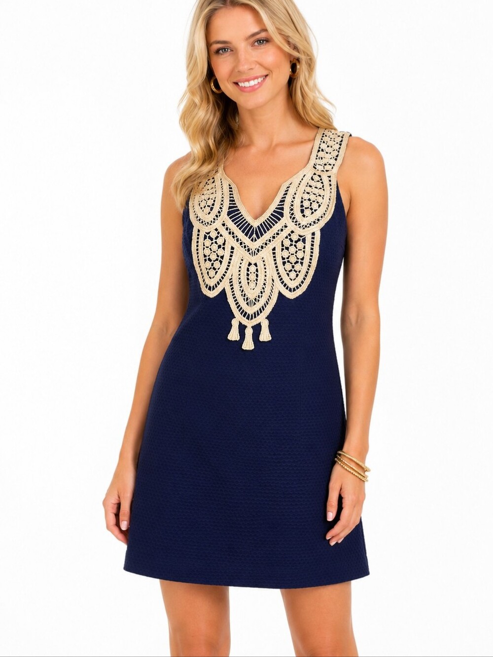 Lilly Pulitzer Largo Shift Dress Navy Gold Lace Bib Tassel Resort Preppy 2